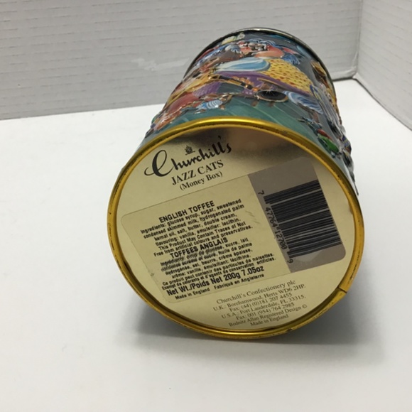 VINTAGE CHURCHILL JAZZ CATS CARTOON BAND MUSIC ENGLISH TOFFEE TIN MONEY BOX - Picture 7 of 7